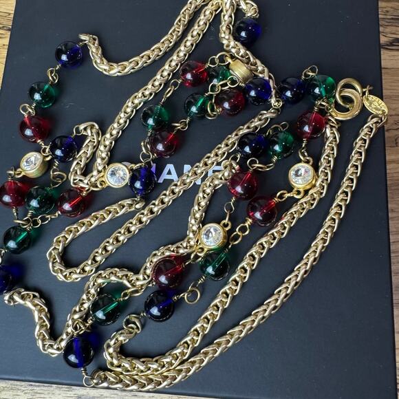 Chanel Vintage Green Red Blue Gripoix Sautoir Necklace Belt 72" 1980s Authentic - Picture 1 of 5